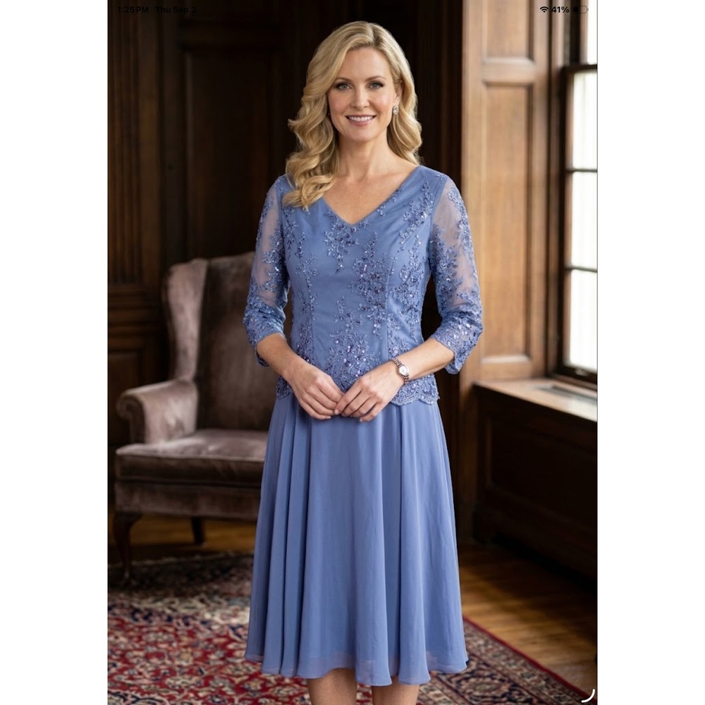 Alex Evenings Slate Blue Sequin Lace Chiffon Tea Length Dress Womens Size 6NEW
